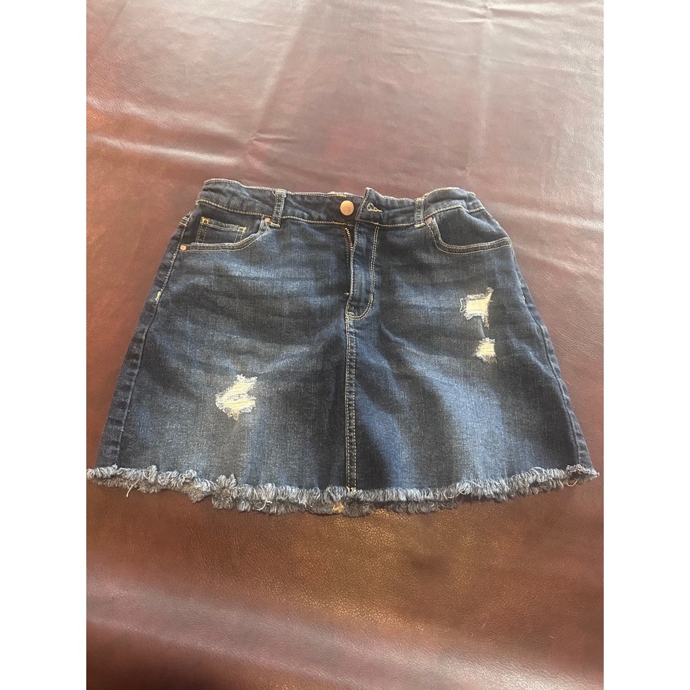 Wonder Nation Girls Dark Wash Distressed Denim Skirt Frayed Hem L 10-12 Plus